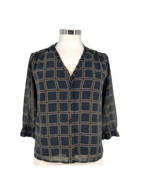 DRA Anthropologie Geometric Print V-neck Blouse Navy Blue Size XS